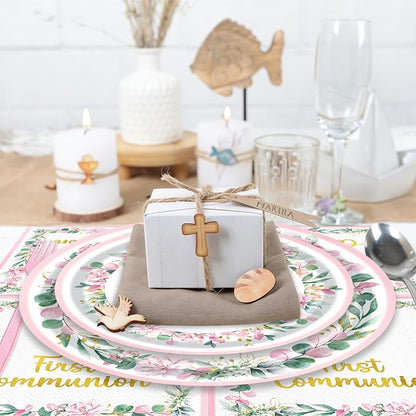 96 Pieces First Communion Floral Tableware Set – Pink Floral Cross Disposable - Image 7
