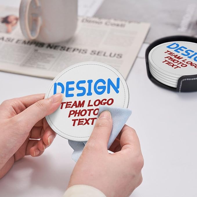 Custom Photo Add Team Logo Pictures Leather Coasters Set of 6 - Image 8