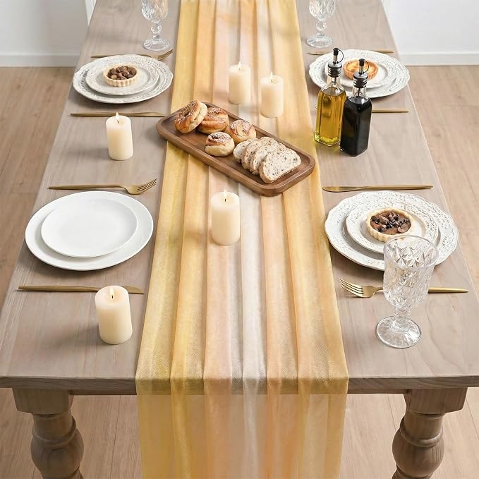 Artoid Mode Boho Yellow Stripes Spring Chiffon Table Runner 120 Inches 10FT - Image 3