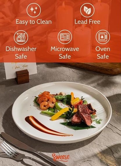 Sweese 10 Inch Porcelain Dinner Plates, White, Set of 6 - Microwave, Oven, Dishwasher Safe, Scratch-Resistant