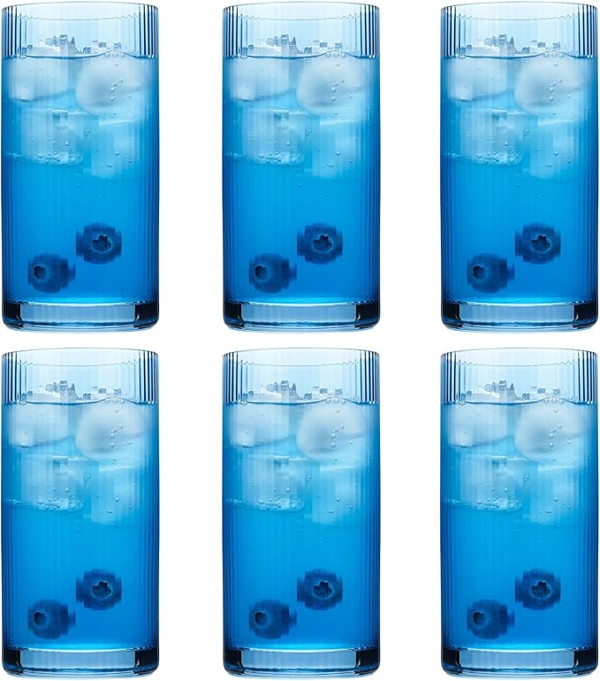 Physkoa Blue Ribbed Drinking Glasses Set of 6 – Vintage Embossed Highball by Physkoa