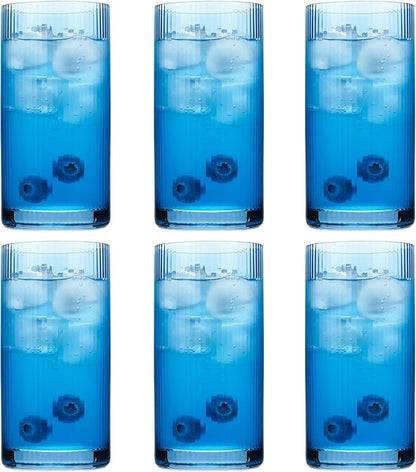 Physkoa Blue Ribbed Drinking Glasses Set of 6 – Vintage Embossed Highball by Physkoa
