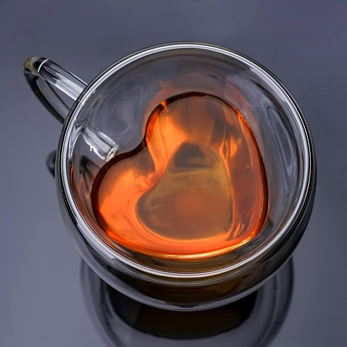 Heart Shaped Double Walled Insulated Glass Coffee Mugs or Aesthetic Tea Cups by Unknown