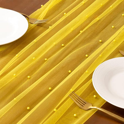 Pearl Table Runner Summer Tulle Gauze Sheer Wedding Party Home Decor | Yellow - Image 5