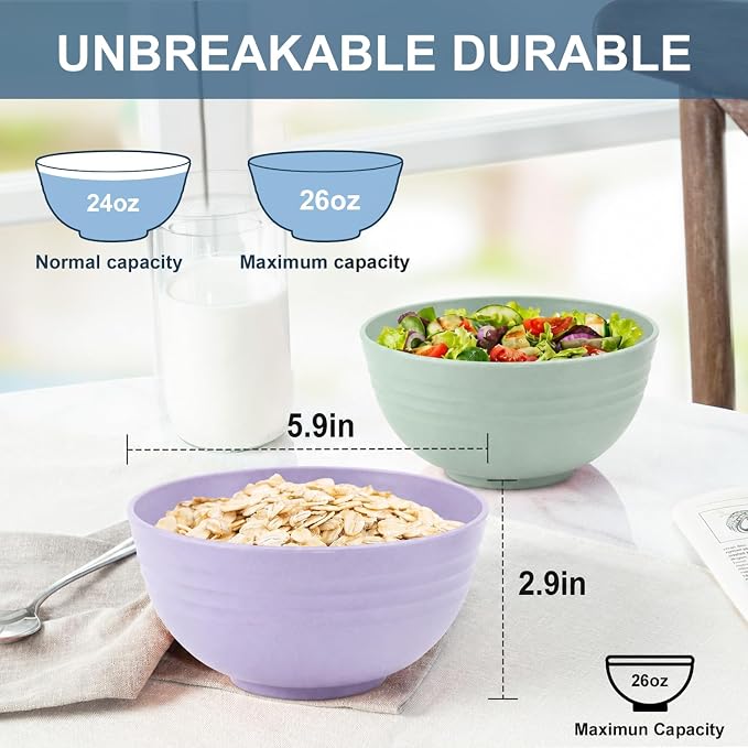 Cereal Bowls 26oz, Unbreakable & Lightweight Wheat Straw Bowls Sets of 6 - Image 2