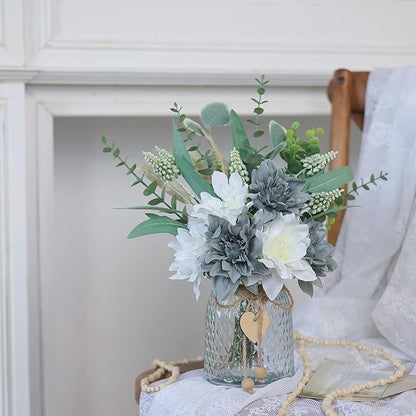 Faux Flowers with Vase,Artificial Silk Flowers in Vase, Fake Plant Eucalyptus and Willow,Flower Arrangement for Home Farmhouse kitchen Dining Table Centerpiece Decorations Table Decor (Grey Blue)