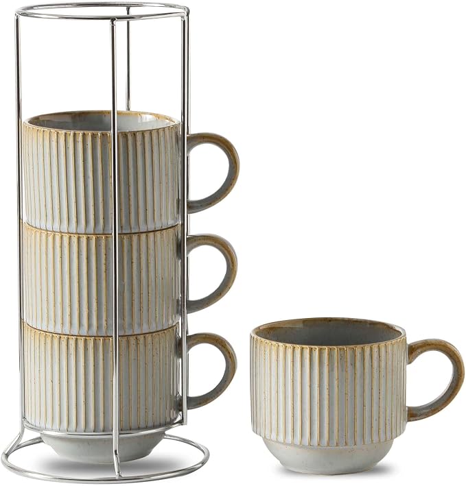 HASENSE Coffee Mug Ceramic Set of 4 - 15 oz Rustic Farmhouse Stackable Ribbed by Hasense