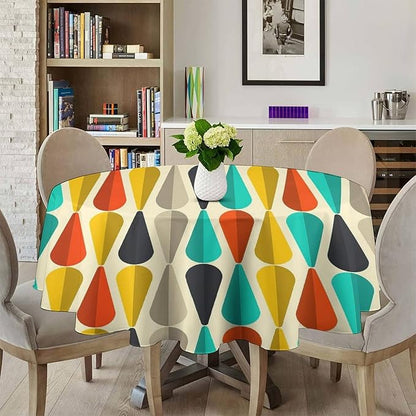 Vintage Bohemian Mid Century Round Tablecloth, Retro 50s 60s Geometric Pattern Print Tablecloth for Home Party Dining Room Kitchen Decor 60Inch(152cm)