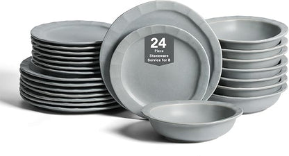 Stone Lain Oasis Stoneware 24 Piece Dinnerware Set, Home Kitchen Dish Set with Dinner Plates, Salad Plates & Bowls - Service for 8, Grey Blue