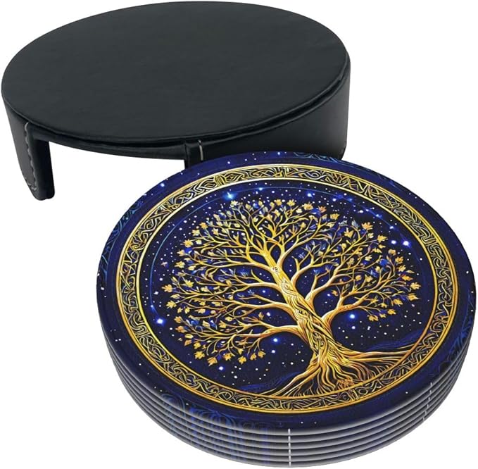 Drink Coasters with Holder Stand Set of 6, Tree of Life Gold Pu Leather - Image 9
