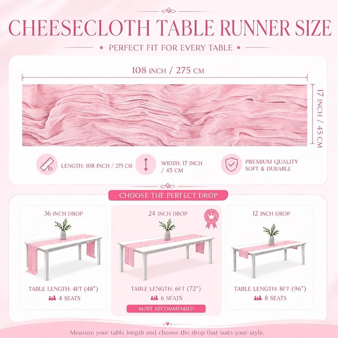 2 Pack Pink Cheesecloth Table Runner 17x108 Inch Boho Rustic Semi Sheer Gauze - Image 3