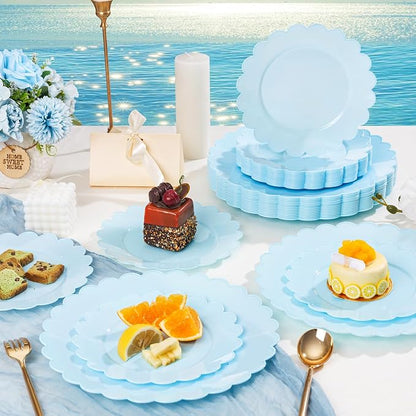 100Pcs Blue Scalloped Plastic Plates Set - Image 2