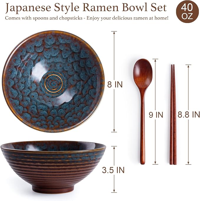 Ceramic Japanese Ramen Bowl Set, 2 Sets Asian Pho Udon Soup Noodle Bowls - Image 2