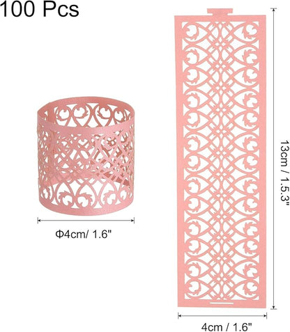 uxcell 100Pcs Napkin Rings Laser Cut Foil Paper, Napkin Holder Hollow Napkin Bands for Weddings Party Serviette Table Decoration Restaurant (Pink, 5.3 x 1.6)