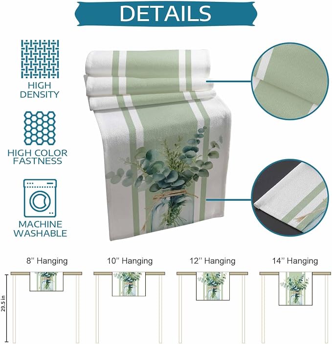 Sage Green Eucalyptus Leaves Table Runners 70 Inches Long, Farmhouse Stripe - Image 8