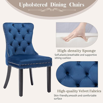 KCC Velvet Dining Chairs Set of 2, Upholstered High-end Tufted Dining Room Chair with Nailhead Back Ring Pull Trim Solid Wood Legs, Nikki Collection Modern Style for Kitchen, Blue