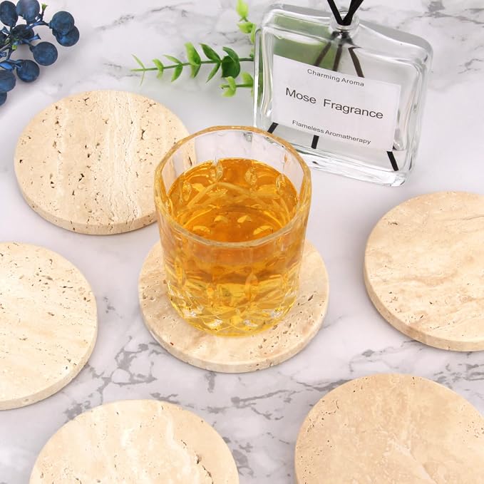 Natural Travertine Coasters Set of 4, 4 inch Round Stone | Stone Coasters - Image 4