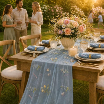 Wildflower Tulle Table Runner Butterfly Floral Wedding Party Home Decor | Blue - Image 6