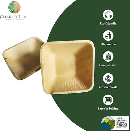 Charity Leaf Disposable Palm Leaf 5" Square Bowl (1000 pcs) Dipping Bowls | Bamboo Like| All Natural and Biodegradable | Charcuterie Boards, BBQs, and Parties