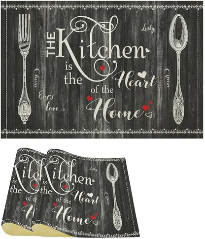 Vintage Farmhouse Placemat Set, Minimal Black White Rural Plank Art Sketch Cutlery Knife Fork Inspirational Quotes Pattern Home Decor Linen Table Mats for Dining Room Kitchen Party (17x12in) x2P