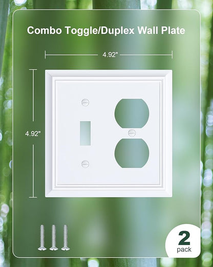 2-Pack Combo Toggle/Duplex Light Switch Cover Plate, Pure White Outlet Cover Plate, Natural Bamboo Fiber Decorative Wall Receptacle Cover for Electrical Outlets, Light Switch