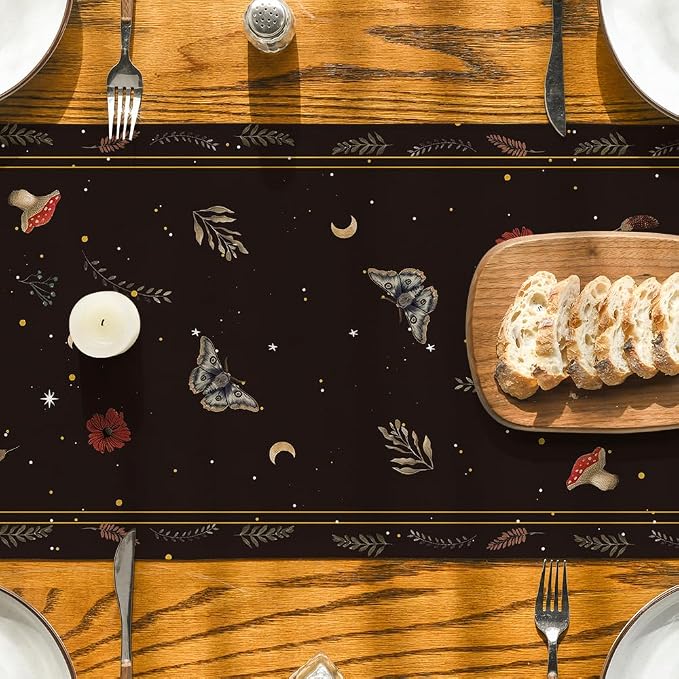 Artoid Mode Poppy Moth Mushroom Moon Fall Table Runner, Seasonal Autumn Kitchen - Image 3