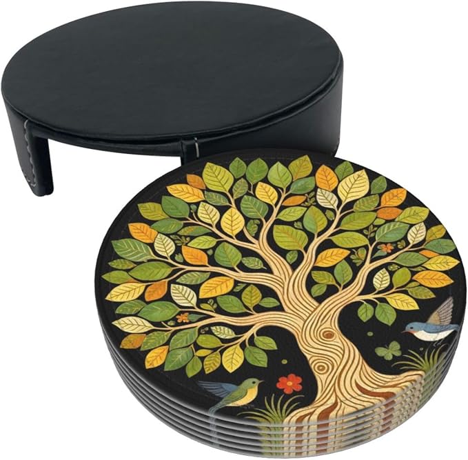 Drink Coasters with Holder Stand Set of 6, Tree of Life Vintage Pu Leather - Image 9