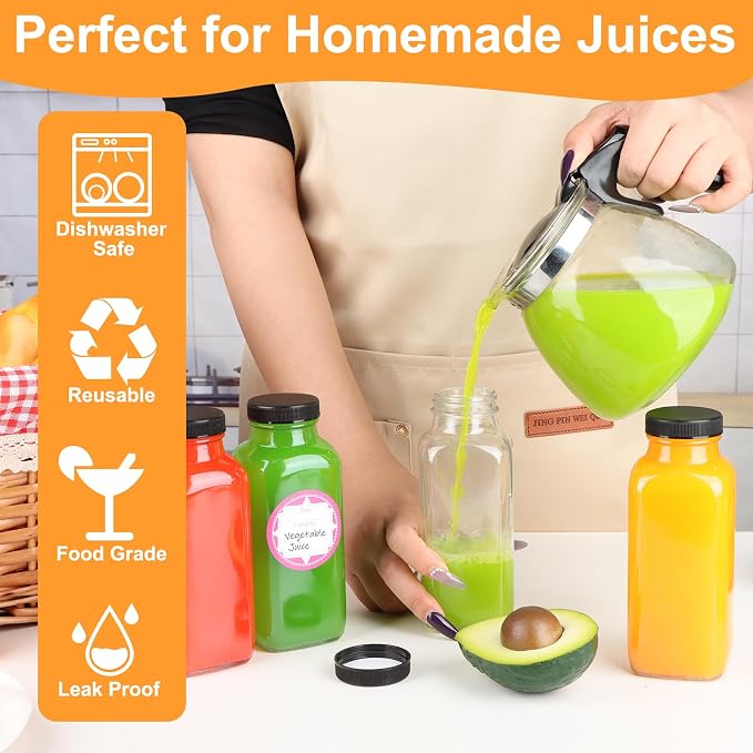 GUANENA 6 Pack Glass Drink Bottles, 12 OZ Vintage Square Water Bottles - Image 5