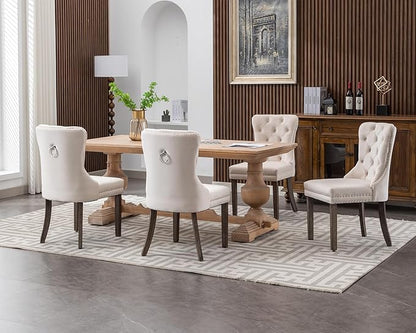 KCC Velvet Dining Chairs Set of 4, Upholstered High-end Tufted Dining Room Chair with Nailhead Back Ring Pull Trim Solid Wood Legs, Nikki Collection Modern Style for Kitchen, Beige