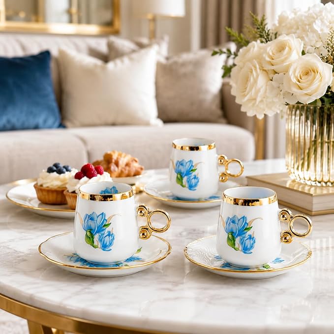 Porcelain Tea Cups and Saucers Set of 12, 100ml Espresso Turkish Coffee Cups - Image 6