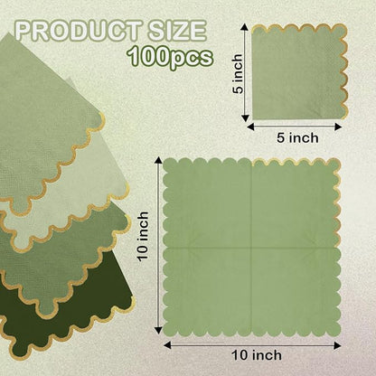 100 pack Green Cocktail Napkins with Gold Foil Accents Scalloped Edges 5 x 5 inch Beverage Disposable Napkin Party Decoration Wedding Bridal and Baby Shower Dinner Lunch Supplies