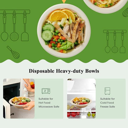 ECOLipak 150 Pack Compostable Disposable Paper Bowls, 16 OZ Bagasse Heavy duty Biodegradable Eco Friendly Sugarcane Soup Bowls for Salad Dessert(Nature)
