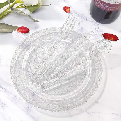 WDF 120PCS Silver Plastic Plates- Disposable Silver Glitter Plates, Premium Heavy Duty 60-10.25" Dinner Plates and 60-7.5" Salad Plates for Parties Wedding Valentine's Day