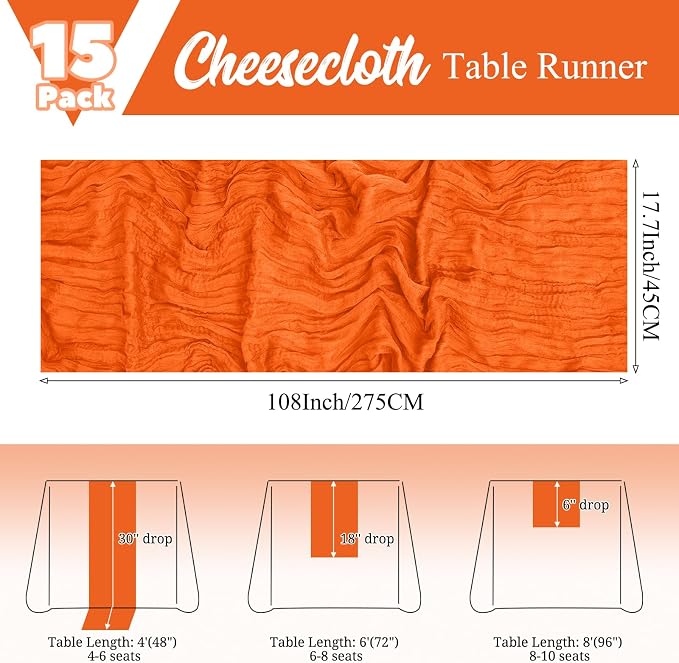 15 Pack Orange Fall Table Runner 17 x 108inch Cheesecloth Table Runner Boho - Image 2