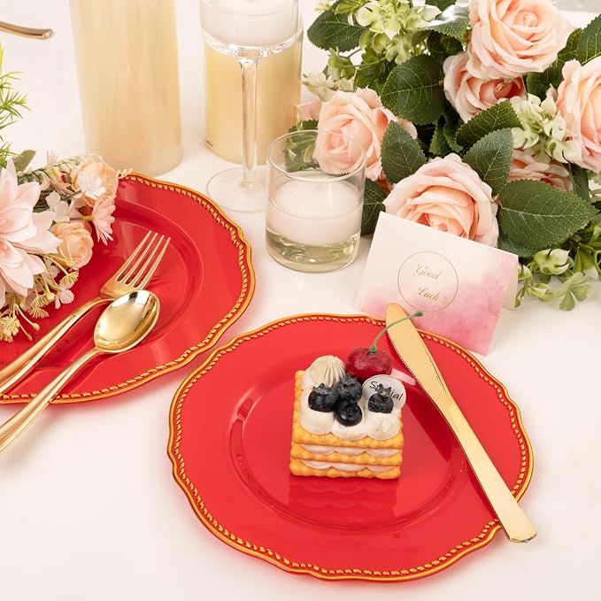 60 Pcs Red Gold Dinner Plates for Party | 10.25 inch Heavy-duty Disposable - Image 4
