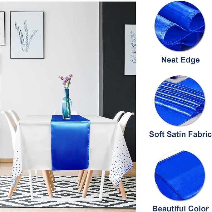 16Pack Disposable Plastic Tablecloths and Satin Table Runner Set White and Blue - Image 3