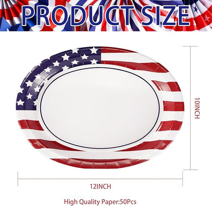 50Pcs Patriotic Oval Paper Plates 10" X 12" Large Heavy Duty American Flag Red Blue and White Plates 4th/Fourth of July Dessert Platters for President Election Memorial Independence Day Supplies