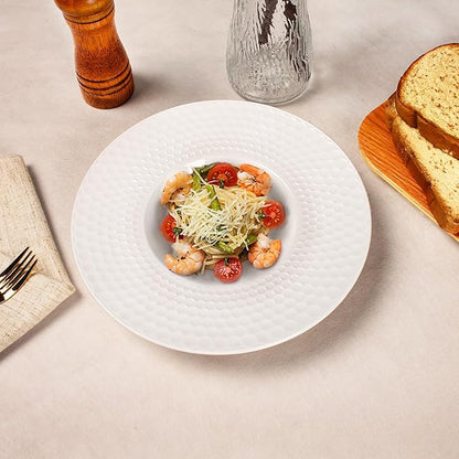 Creative home decor ceramic wide-rimmed soup bowls/plates, 5.3 oz pasta bowl set of 4, white embossed bowls and plates with rims, perfect for upscale restaurants, hotels and gourmets.