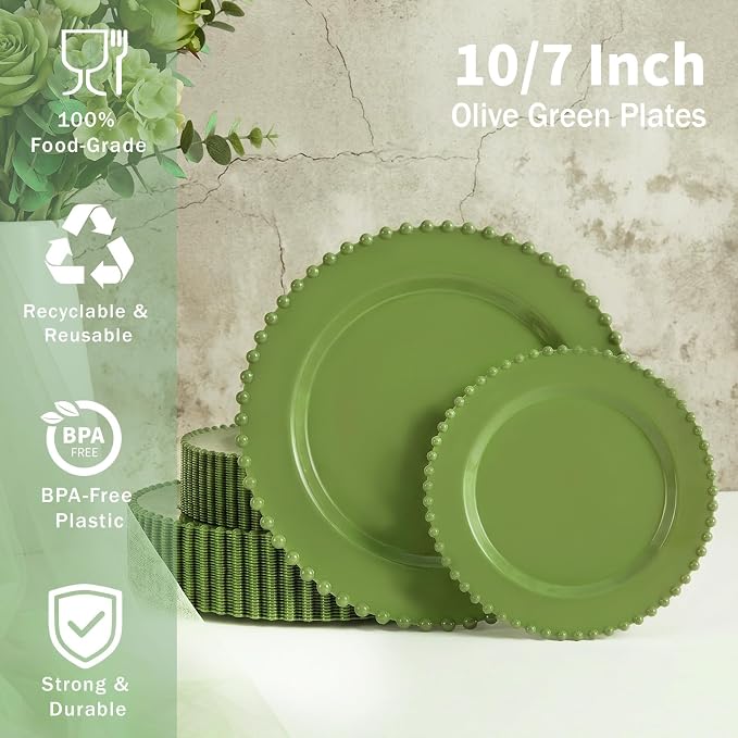 U-QE 60PCS Olive Green Plastic Plates, Beaded Plates Disposable Heavy Duty | - Image 3
