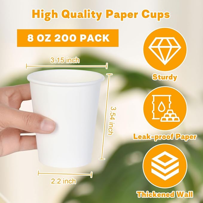 Vumdua 200 Pack 8 oz Paper Cups, Disposable Coffee Cups, Leak-Proof Hot Cold - Image 2