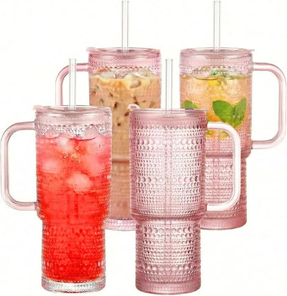 20 oz Pink Glass Tumbler with Lid and Straw, Glass Iced Coffee Cups, by Unknown