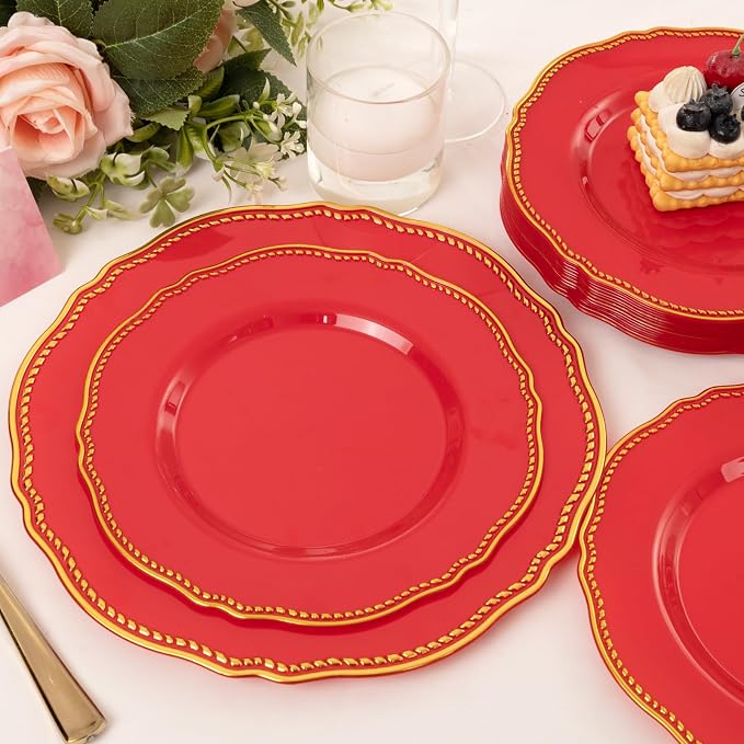 60 Pcs Red Gold Dinner Plates for Party | 10.25 inch Heavy-duty Disposable - Image 2