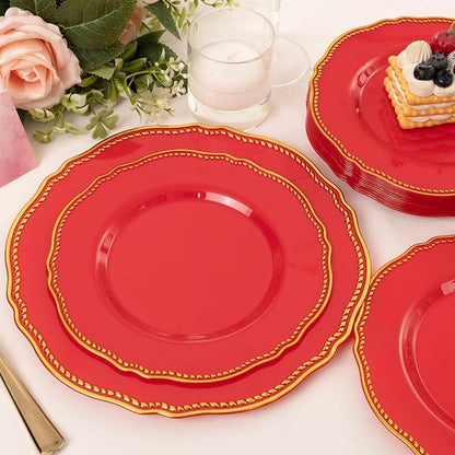 60 Pcs Red Gold Dinner Plates for Party | 10.25 inch Heavy-duty Disposable - Image 2