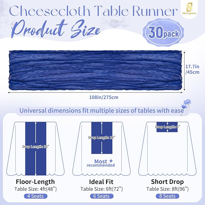 Showgeous 30 Pack Royal Blue Cheesecloth Table Runner, 17 x 108 Inches | Boho - Image 2