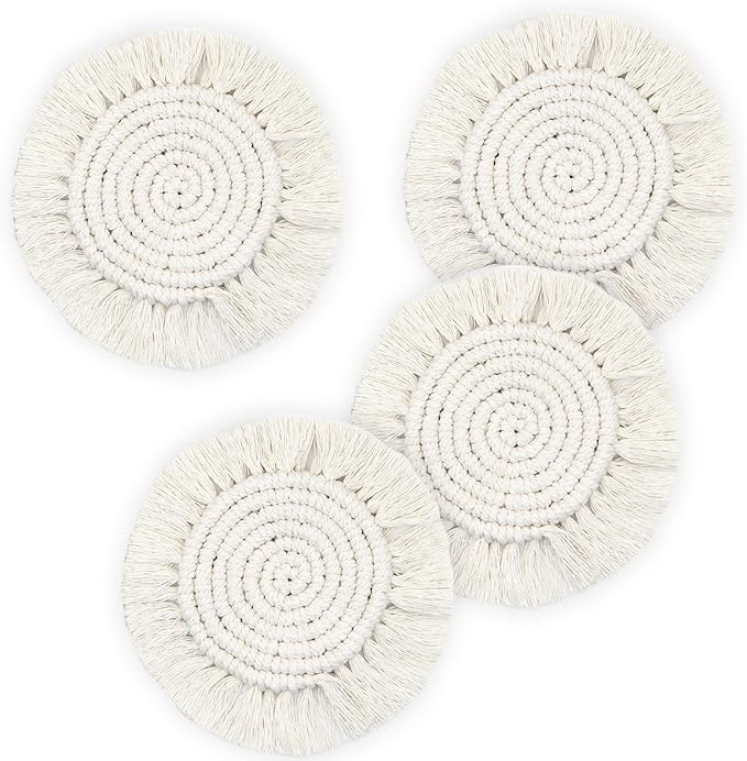 Coomin Boho Coasters for Drinks, Handmade Coasters 7.4in, 4p Beige | Woven by COOMIN