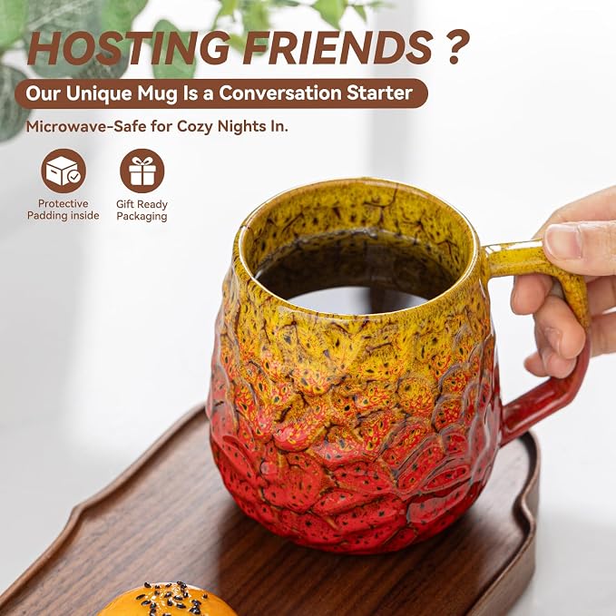 18oz Unique Yellow & Red Kiln-Change Ceramic Coffee Mug, Handcrafted Hammered - Image 2