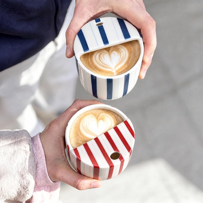 2 Pcs Ceramic Mug with Sip Hole 10 oz Deep Blue Red Striped Ceramic Coffee Mug - Image 7