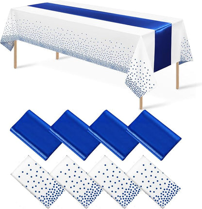 8Pack Disposable Plastic Tablecloths and Satin Table Runner White and Royal by MASHAN