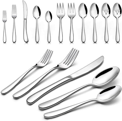 46-Piece Heavy Duty Silverware Set of 8, LIANYU Stainless Steel Flatware Set with Serving Utensils, Thick Cutlery Eating Utensils Include Fork Knife Spoon, Mirror Finished, Dishwasher Safe