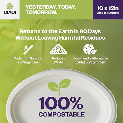 CIAO! 10"X12" Heavy Duty Oval Plate 100% Compostable PFAS Free Unbleached Bagasse Natural White (Pack of 500)